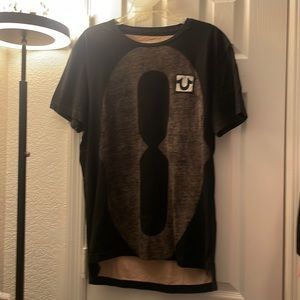 Men’s True Religion size L tee “Property of None” on back in black/tan.